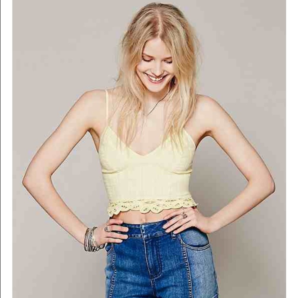 Free People Lemon Yellow Battenburg Crop Top
